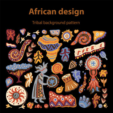 African geometric background pattern card with hand drawn symbols of Africa. Abstract ethnic background with ornament. Vector doodle Colorful ethnic motifs for textile print or cultural wallpaper desi