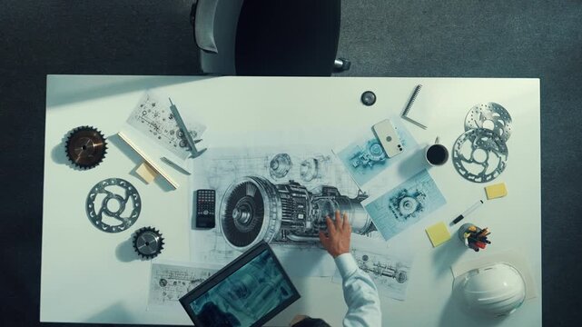 Top down aerial view of engineer hold tablet while learning about engine. Aerial view of skilled project manager looking at tablet while walking at table and checking at turbine engine. Alimentation.