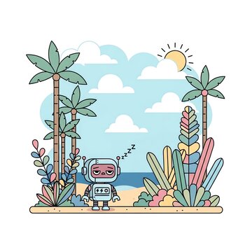 Cute Robot on a Tropical Beach Vacation.