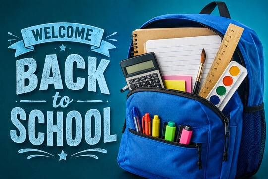 Back to school vector template design. Welcome back to school text with educational supplies like backpack, water color, notebook and calculator in blue background. Vector illustration