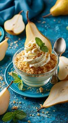 Naklejka premium Appetizing pear crumble dessert topped with whipped cream and fresh mint on a blue table.