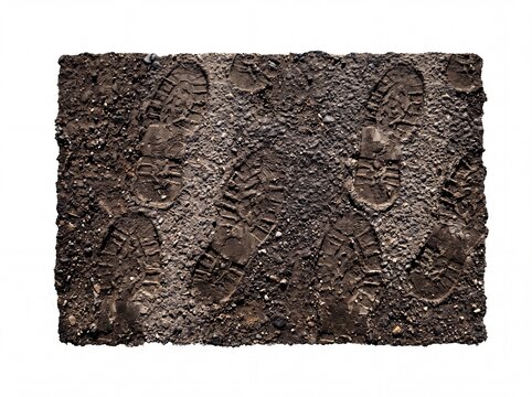 Repeating boot print footprints pattern on a dark textured surface, isolated on white background for grunge and crime/investigation themes.