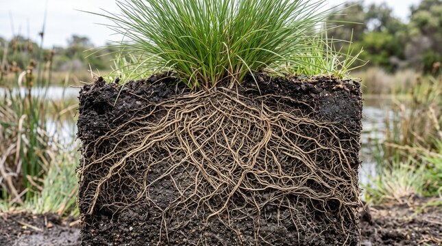 Fibrous Mass of Grass Roots Anchoring Dark Soil Aggregate