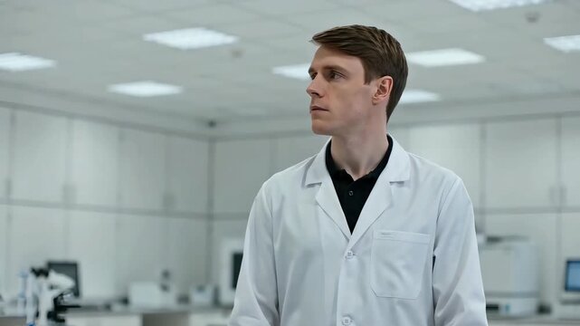 Young male scientist in a white lab coat standing in a modern laboratory and looking aside thoughtfully