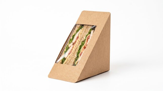 A fresh chicken and cheese sandwich packaged inside a brown cardboard triangular box on a white studio background environment.