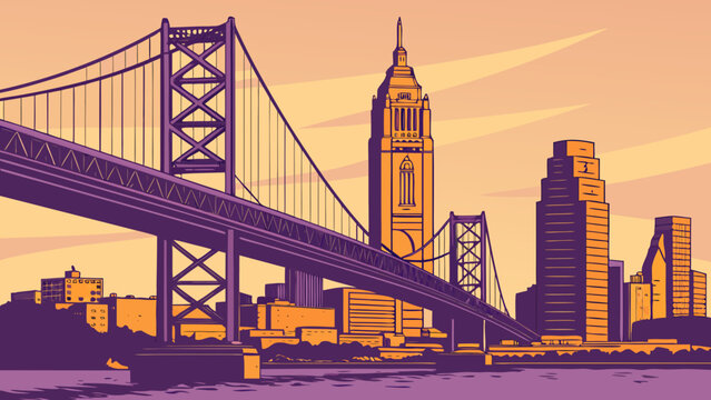 Philadelphia skyline vector at sunset with city bridge