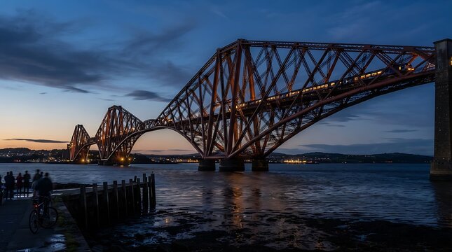 Stunning Iconic Red Cantilever Railway Bridge Spanning the Firth of Forth at Twilight in Scotland