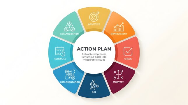 Action plan circular diagram with icons for business strategy and goals