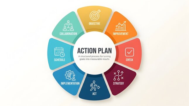 Action plan diagram with colorful segments and icons