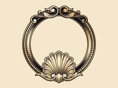 Rocaille Round Frame with Shell Motifs and Beaded Pearl Border in Gold Black