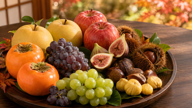 紅葉を背景に秋の旬を味わう果物と栗の豪華な盛り合わせ