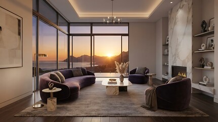 Naklejka premium Luxurious Modern Living Room with Panoramic Sunset Ocean View and Marble Fireplace