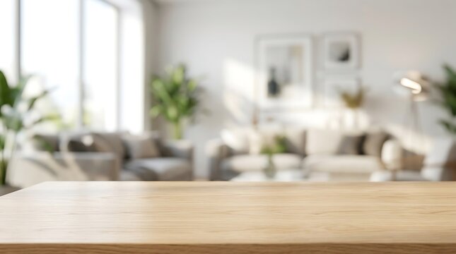 Empty Wooden Tabletop with Blurred Modern Living Room Interior Background for Professional Product Display Mockup.
