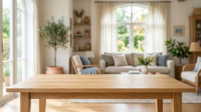 Empty Wooden Table in Blurred Bright Living Room Interior for Product Display Mockup and Presentation Advertisement