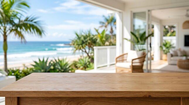 Empty wooden table surface for product display in a blurred luxury beach villa terrace with tropical ocean views.