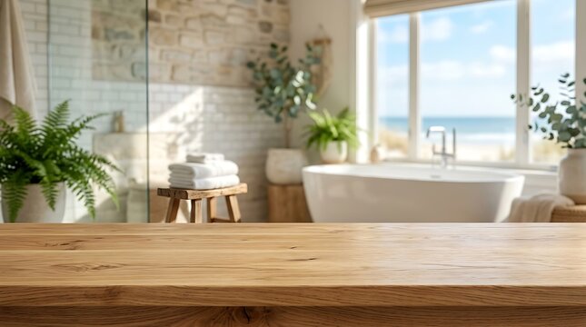 Empty Wooden Table Top with Modern Spa Bathroom Interior Background for Product Display and Coastal Ocean View Scene
