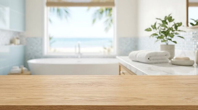 Wooden Table Surface in Luxury Bathroom for Product Display Mockup with Blur Beach View Background and Sunny Interior