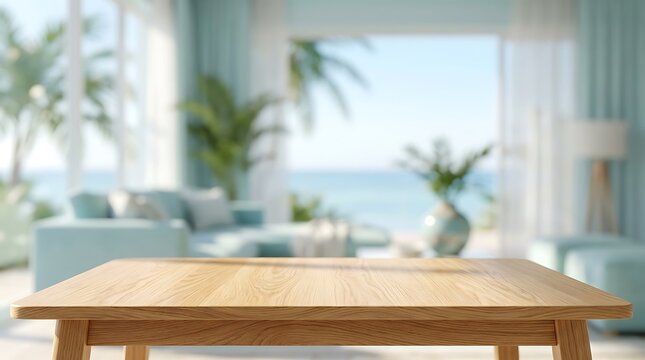 Wooden Table Surface in Blurred Beach House Interior for Product Mockup Display and Summer Vacation Advertisement Scene