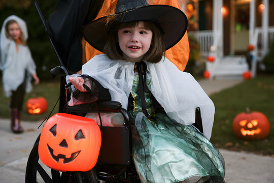 A young girl, dressed as either a witch or a ghost, participates in Halloween festivities; she is wheelchair-bound due to mobility challenges