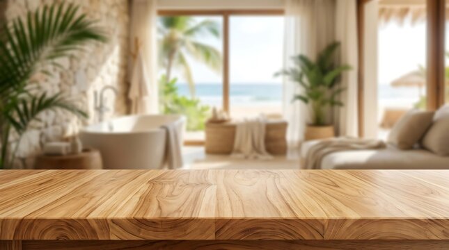 Empty wooden table top podium on blurred tropical luxury bathroom background for product display wellness banner.