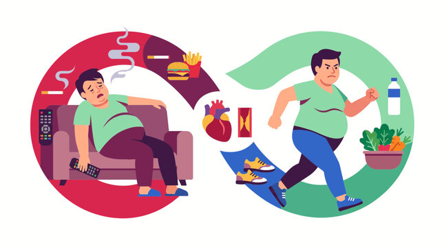 Illustration contrasting unhealthy sedentary lifestyle with active healthy habits, showing a man's journey from couch potato to runner with associated health symbols.