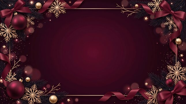 Burgundy and gold Christmas border background with large copyspace.
