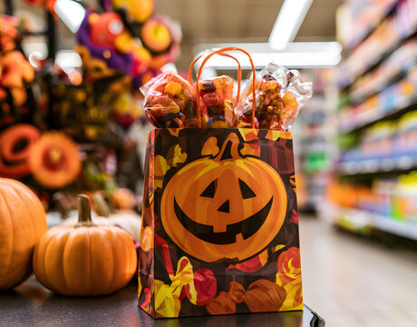 A Halloween-themed sack brimming with multicolored sweets rests on a store shelf, encircled by splendorous embellishments and jack-o'-lanterns.