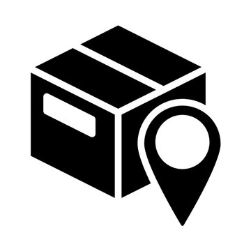 a black vector icon of a cardboard box with location map pin, indicating, cargo, logistics, delivery status, order tracking
