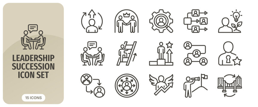 Leadership succession icon set, including business management, career growth, corporate hierarchy, and talent development symbols for professional organizational planning