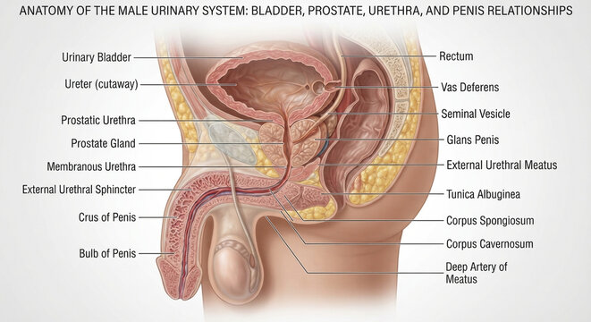 Anatomy of the male urinary system medical diagram showing bladder, prostate, urethra, and penis relationships with labels