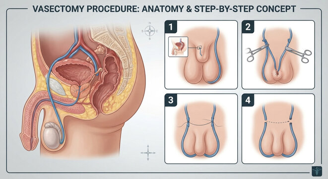 Vasectomy procedure medical diagram showing male reproductive anatomy and step-by-step surgical steps including vas deferens isolation, cutting, and tying