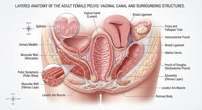 Layered anatomy medical diagram of the adult female pelvis showing the vaginal canal, epithelial layer, muscular wall, and surrounding pelvic structures with labels