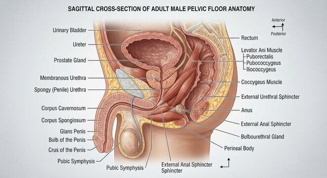 Sagittal cross-section medical diagram of adult male pelvic floor anatomy showing prostate, urinary bladder, urethra, and levator ani muscles with labels