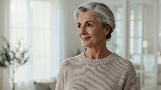 Serene senior woman with grey hair smiling thoughtfully while standing in a bright home setting