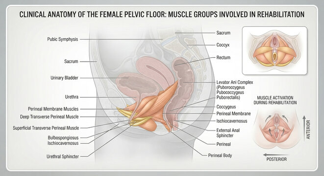Clinical anatomy medical diagram of the female pelvic floor showing muscle groups involved in rehabilitation, levator ani complex, and perineal structures with labels