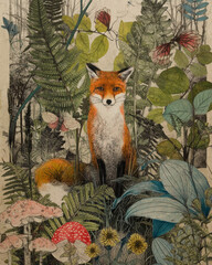 Fototapeta premium Red Fox Floral Forest Woodland Junk Journal Paper