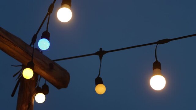 Decorative string of light bulbs with a single blue bulb at twilight