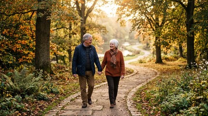 Obraz premium Senior couple walks hand in hand along a winding stone path through a beautiful autumn park.