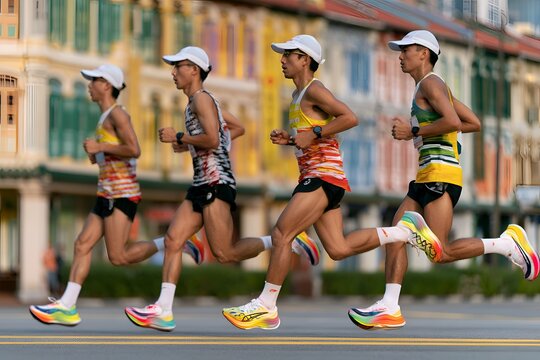 Elite male runners in colorful racing shoes compete in a marathon on a city street