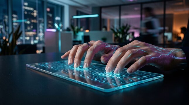 Hands with glowing cyan circuit lines typing on a futuristic, transparent glass keyboard in a dark office.