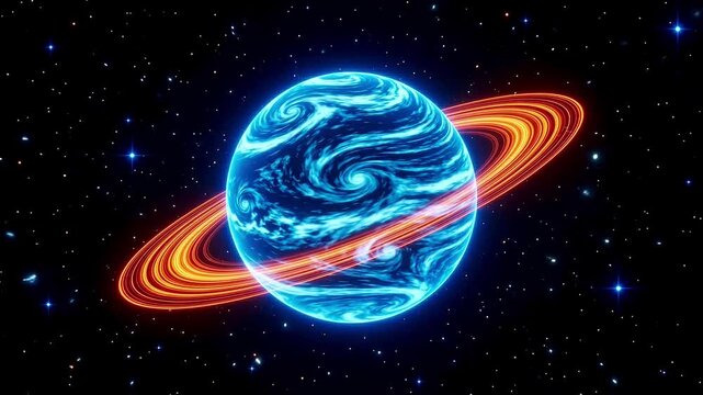 Glowing Blue Alien Planet with Radiant Orange Rings Floating in a Dark Starry Space Background