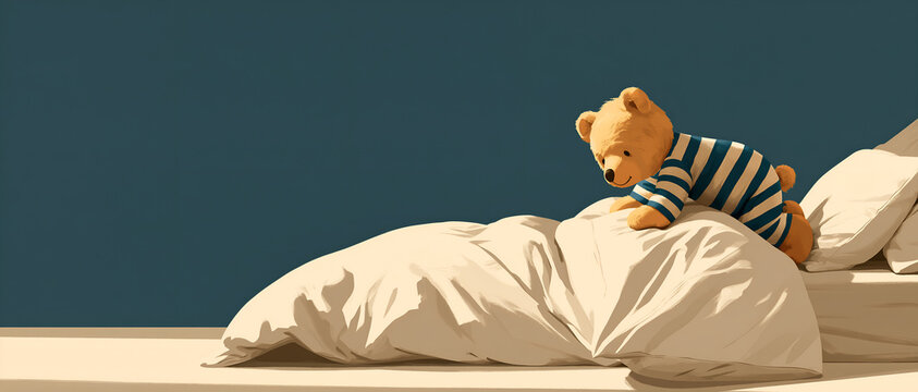 Cartoon bear in pyjamas climbing into a neatly made bed