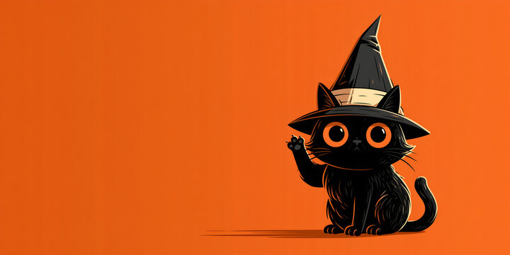 Cartoon black cat in a witch hat waving a paw