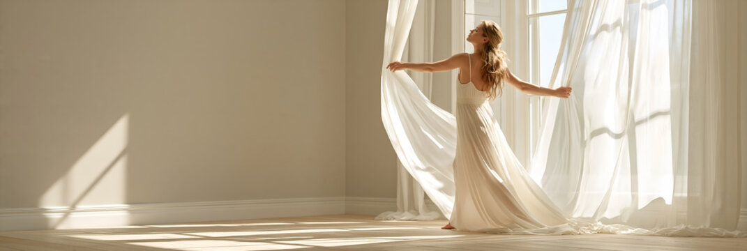Woman drawing back sheer curtains in an empty bright room