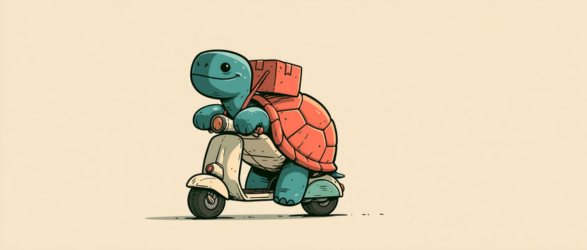 Cartoon tortoise courier riding a scooter with a parcel