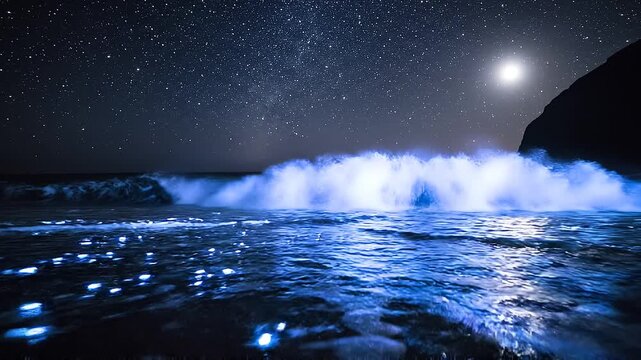 Bioluminescent waves crashing on a sandy beach under a starry night sky with a bright full moon