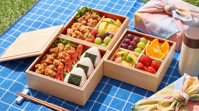 ピクニックシートに広げられた唐揚げやおにぎり入りの運動会お弁当