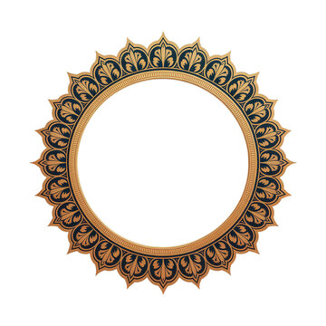Vintage gold and black circular frame, ornate mandala border with floral patterns, luxury metallic round crest for invitations
