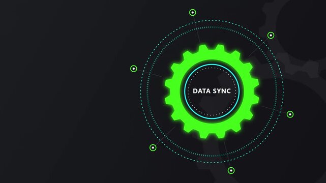Data sync green gear icon with digital HUD interface animation