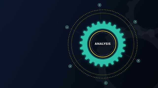 Analysis gear icon with digital HUD elements for business data processing